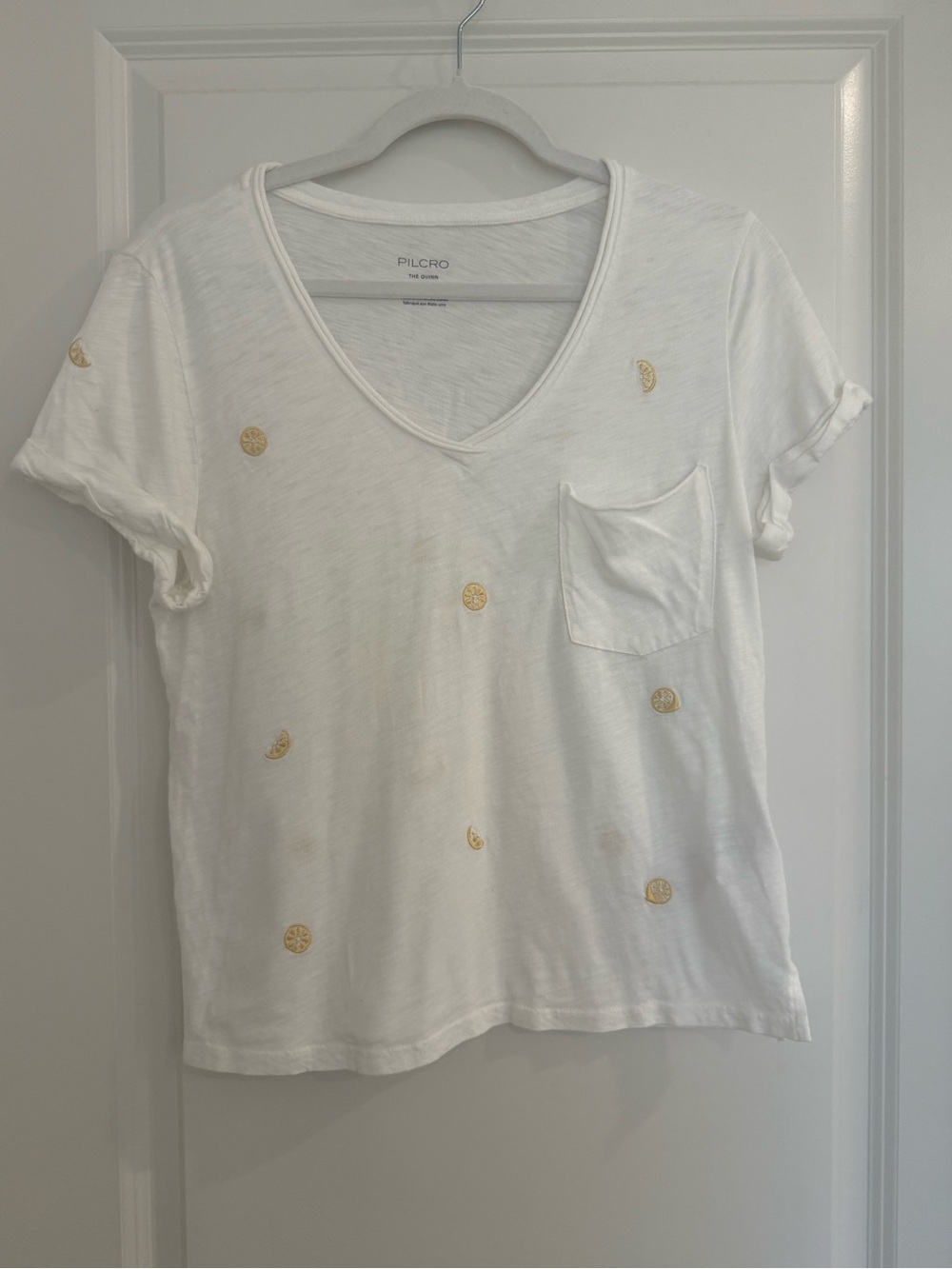 Pilcro White V-Neck Pocket Tee with Lemon Embroidery